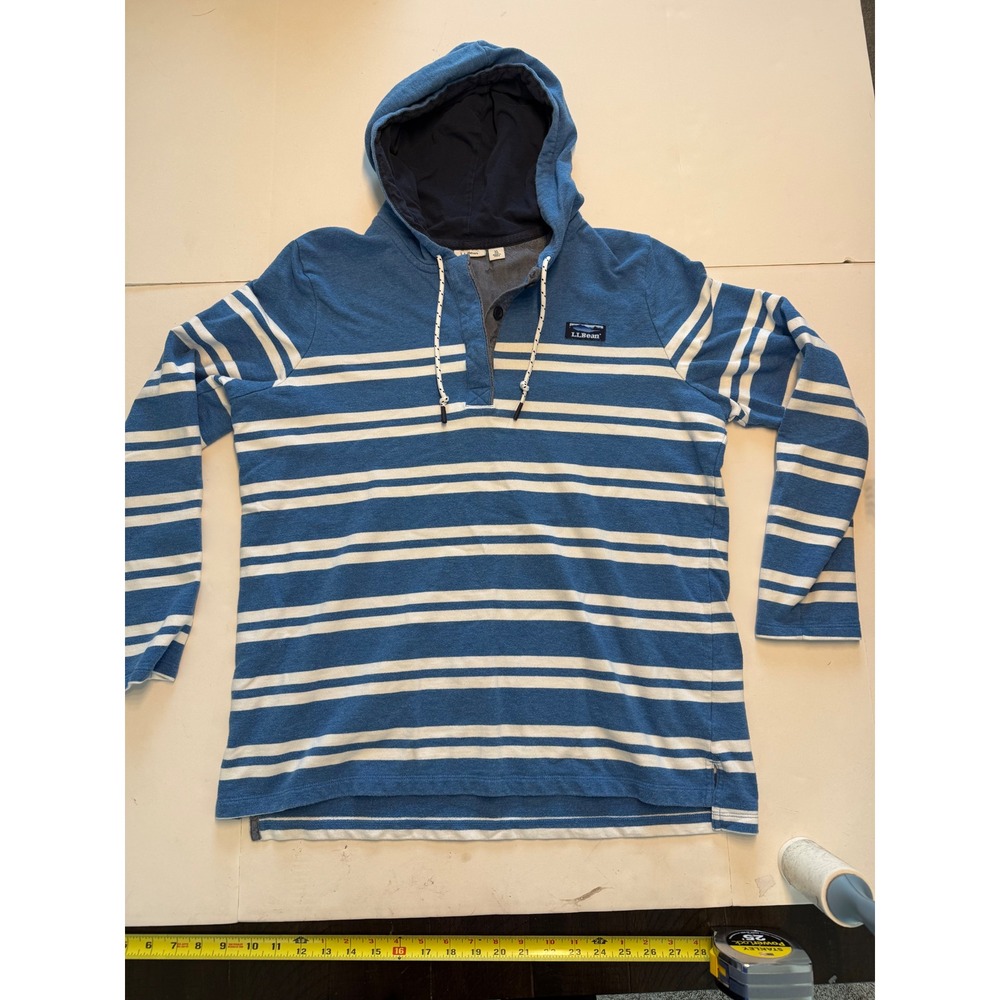 LL Bean Mens XL Blue White Striped Hooded Henley Sweatshirt Long Sleeve Hoodie